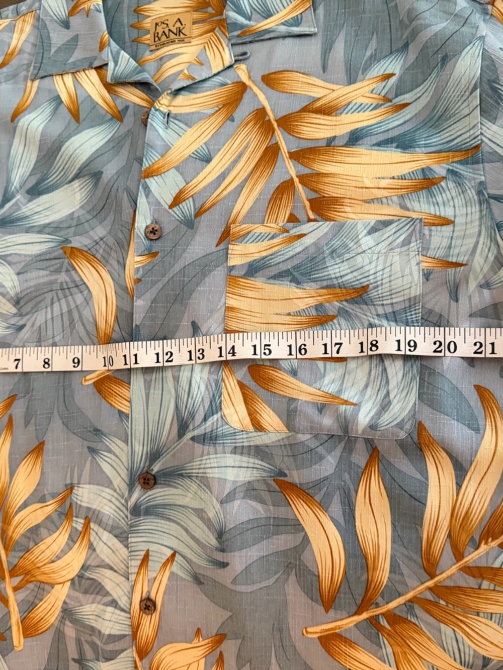 Jos. A. Bank 100% silk Shirt - Gray & Yellow Leaf Print Tropic breathable cool - Picture 5 of 7